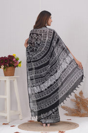 Cotton Linen Saree with Hand Block Print - Shivanya Handicrafts Women's Traditional Indian Wear